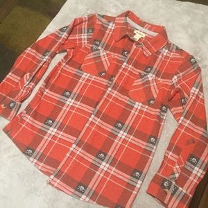Boys Skull Print Plaid Button Up Shirt Size 7 NWOT